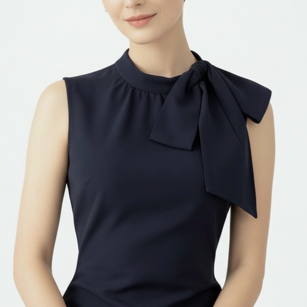 ANNE KLEIN Tie-Neck Accent Sheath Midi Dress Sleeveless Dark Navy Blue Back Zip - Picture 3 of 10